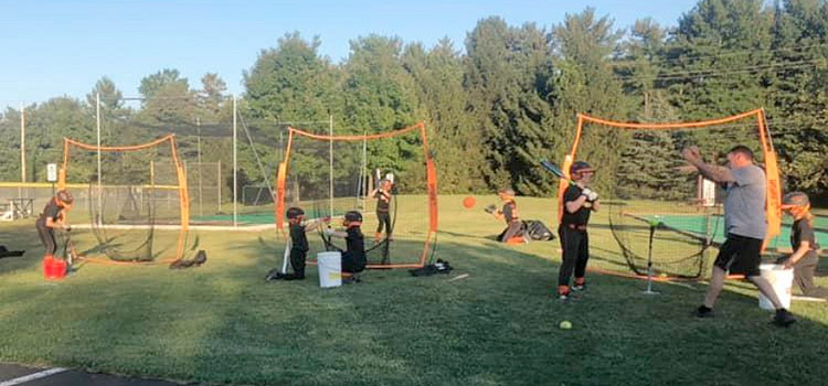 A group of kids playing baseball on the grass.