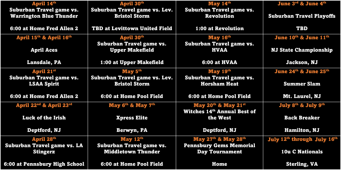 A series of schedules for the suburban travel game.